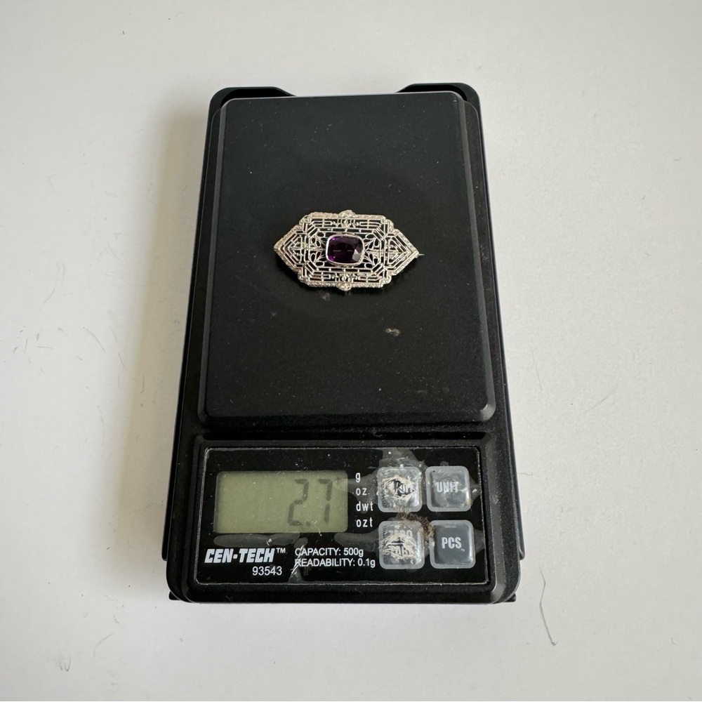 Art Deco 10K White Gold Brooch Filigree‎ Amethyst Pin Ornate Victorian Vintage - Picture 12 of 12